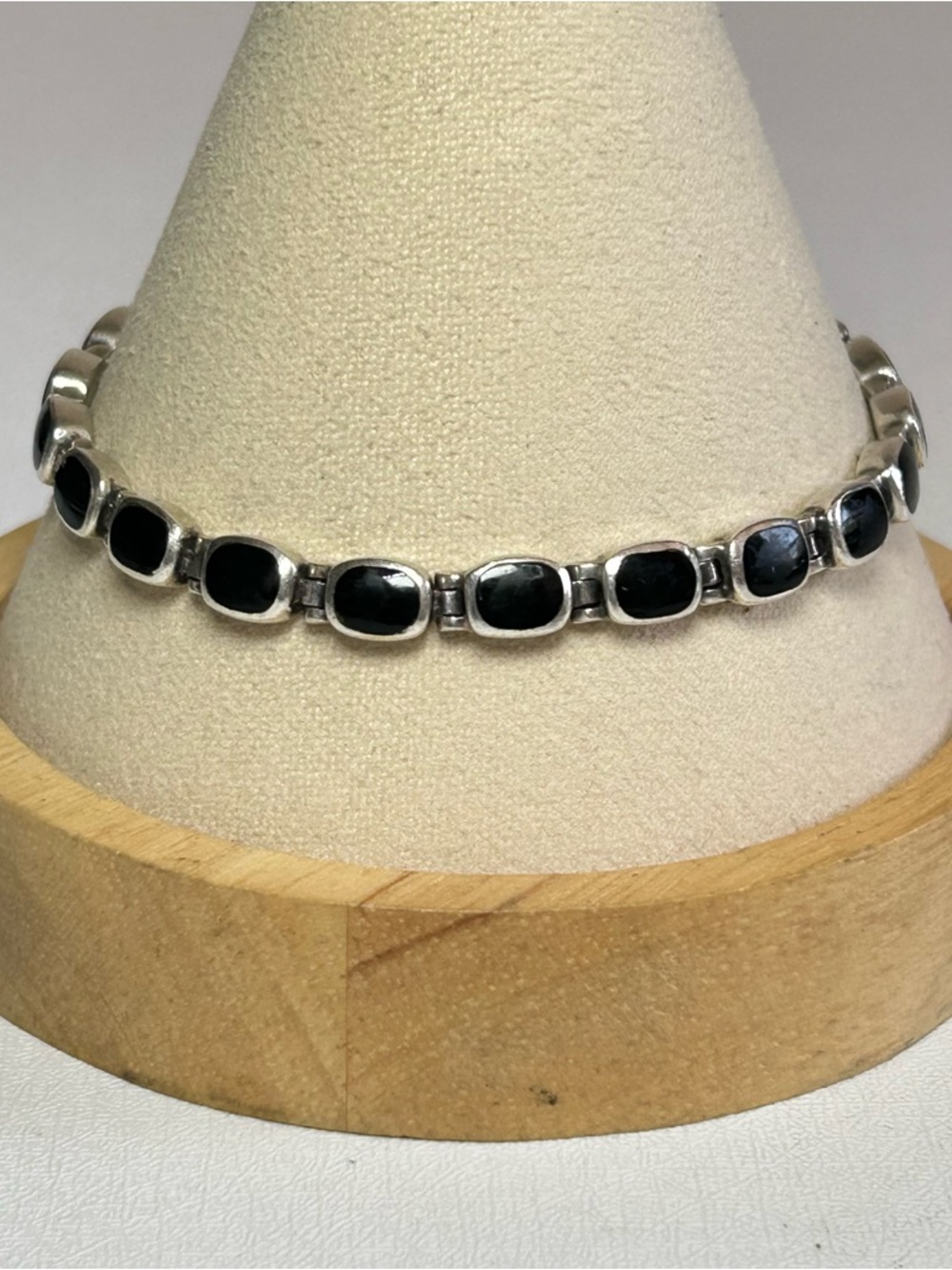 Vintage Sterling Silver 925 Black Onyx Link Bracelet Signed RB 7 1/2”
